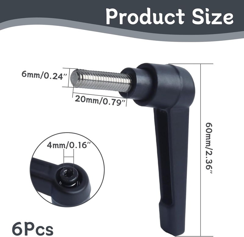 Begino Clamping Lever Handles with Quick Release Push Button Locking, 304 Stainless Steel M6 x 20mm Stud - Black (6 Pack) - Image 2